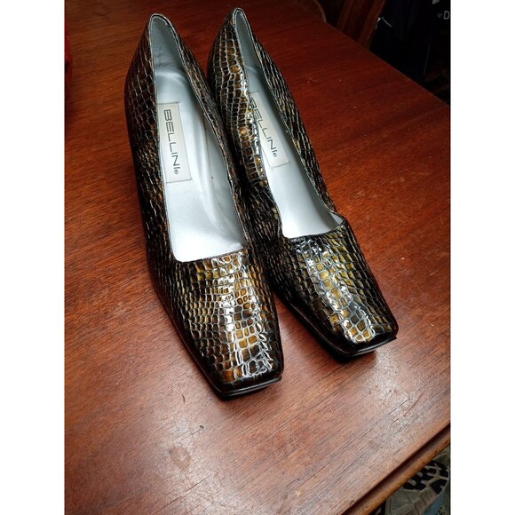 Bellini M Women's VTG Pump Black Gold Leather Snake Print Retro Heel Size 9.5W - Picture 5 of 10